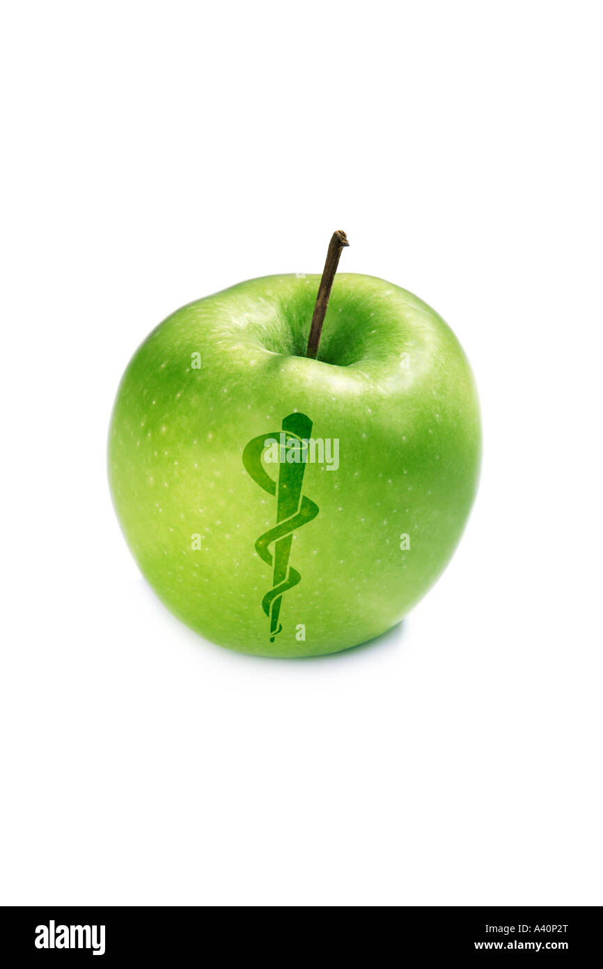 apple with aesculapian staff Apfel mit Aesculapstab Stock Photo