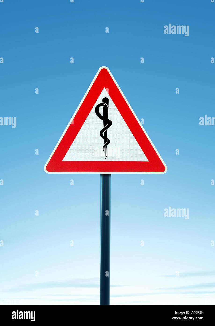 warning sign with aesculapian staff Achtungschild mit Aeskulap Stab Stock Photo