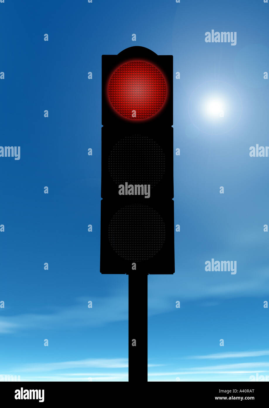 red Traffic light device before blue sky Ampelanlage auf rot vor blauem Himmel Stock Photo