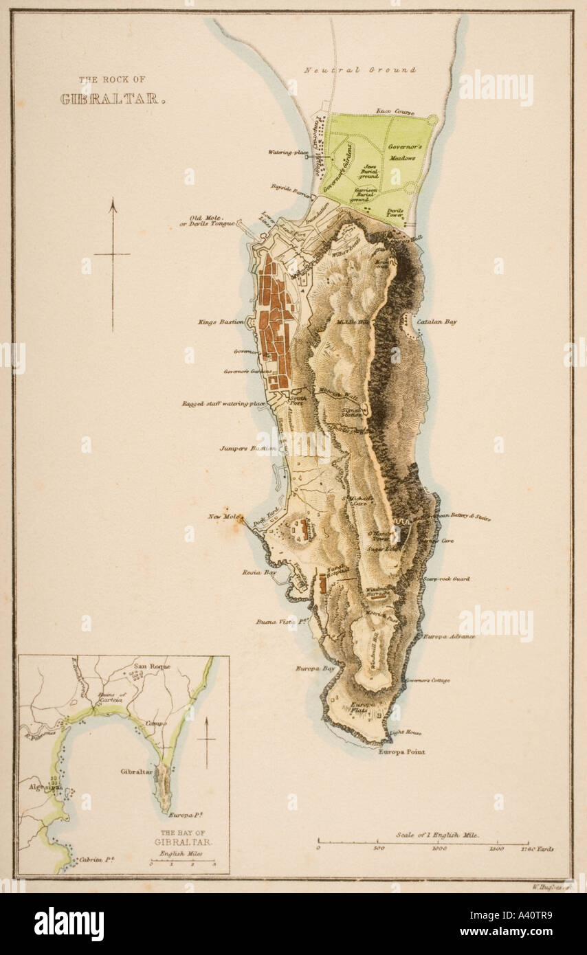 19th century map of The Rock of Gibraltar. Stock Photo