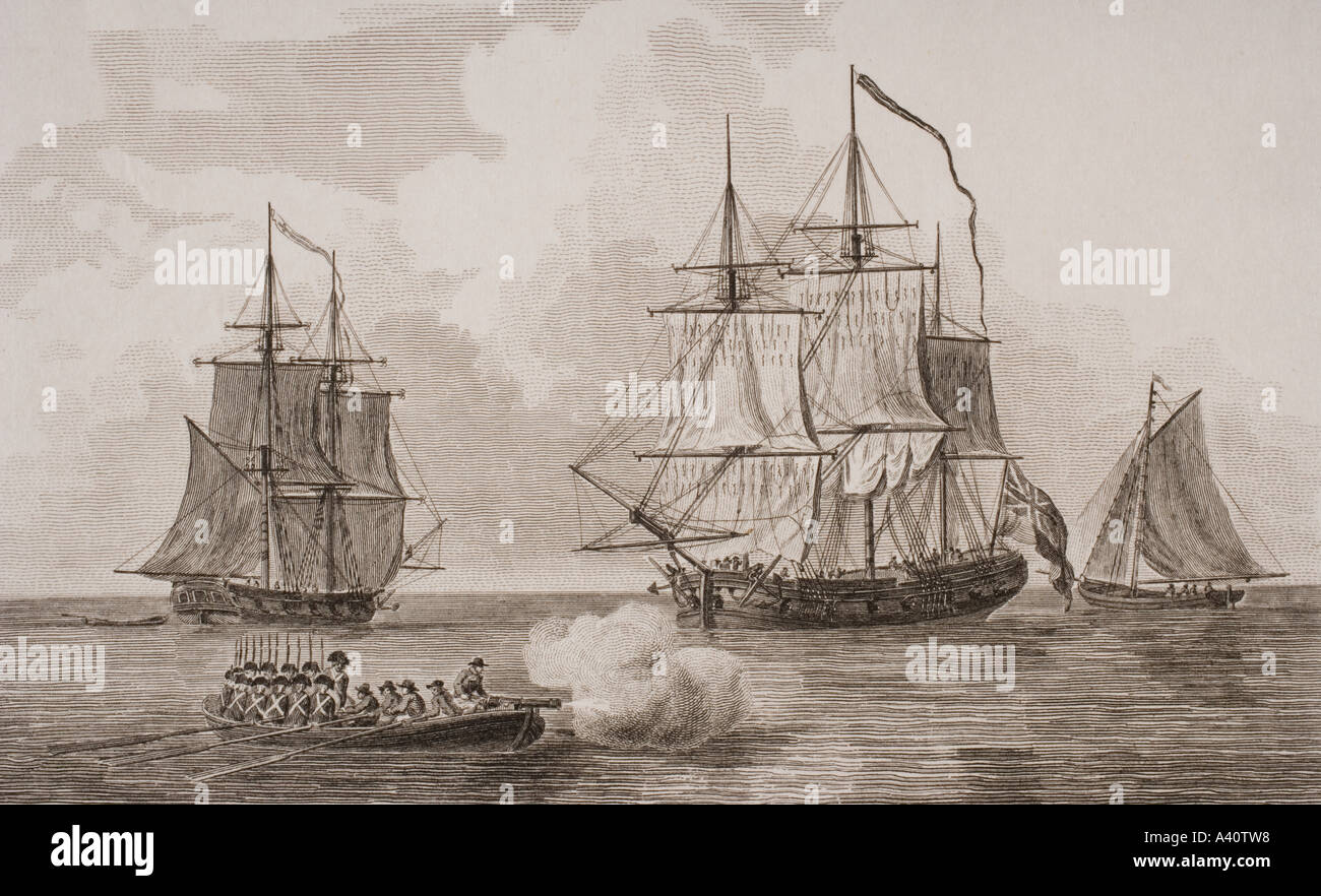 18th and 19th century British navy boats. From left, Fire Brig,  Flat Bottomed Boat Gun Vessel, Man of War,  Long Boat. Stock Photo