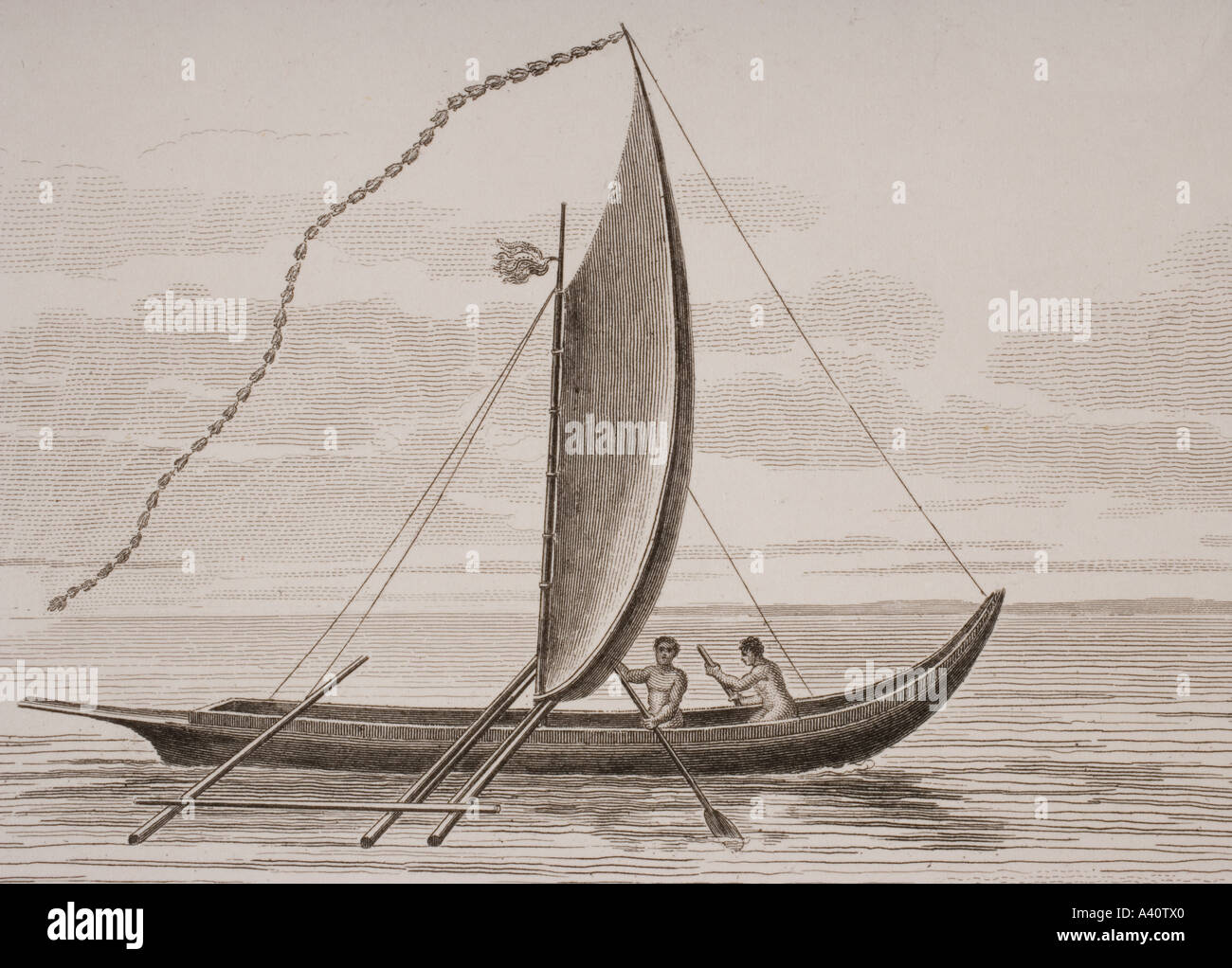 A Pahie. A Tahitian boat. From a print dated 1820 engraved by Milton after W Anderson Stock Photo