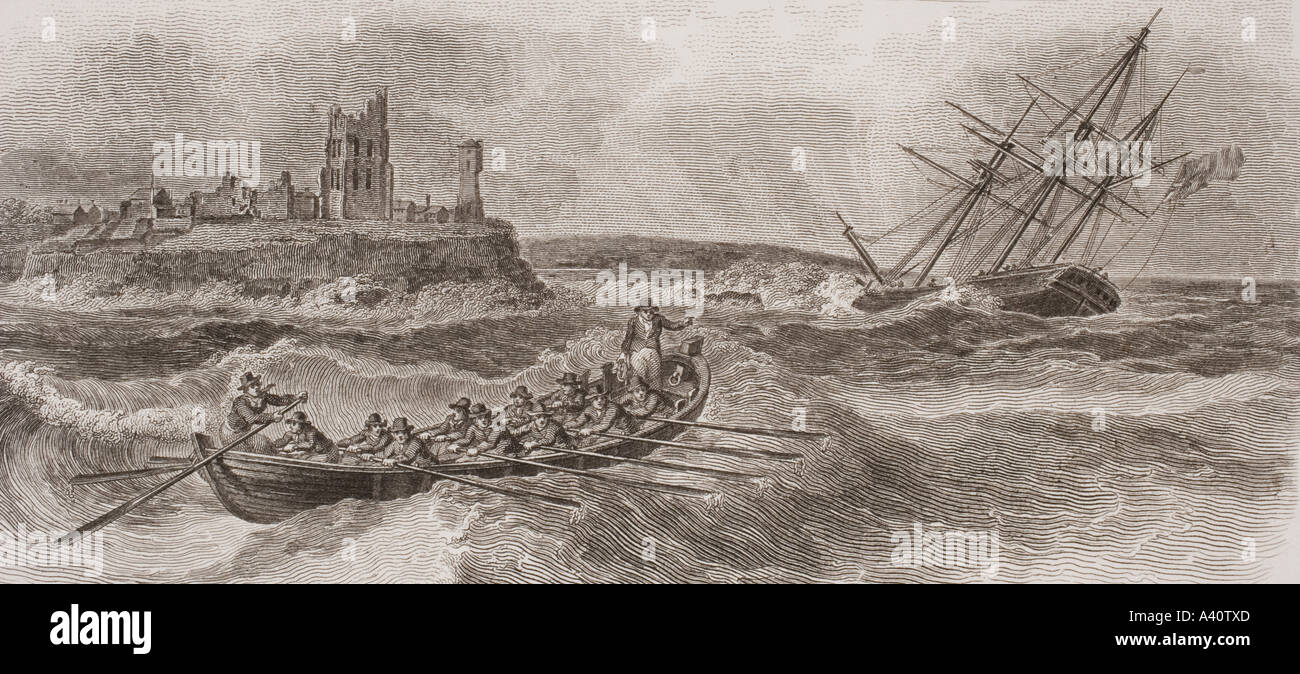 Life boat rowing to the rescue of a foundering sailing ship.  From a print dated 1820, engraved by Milton after W Anderson. Stock Photo