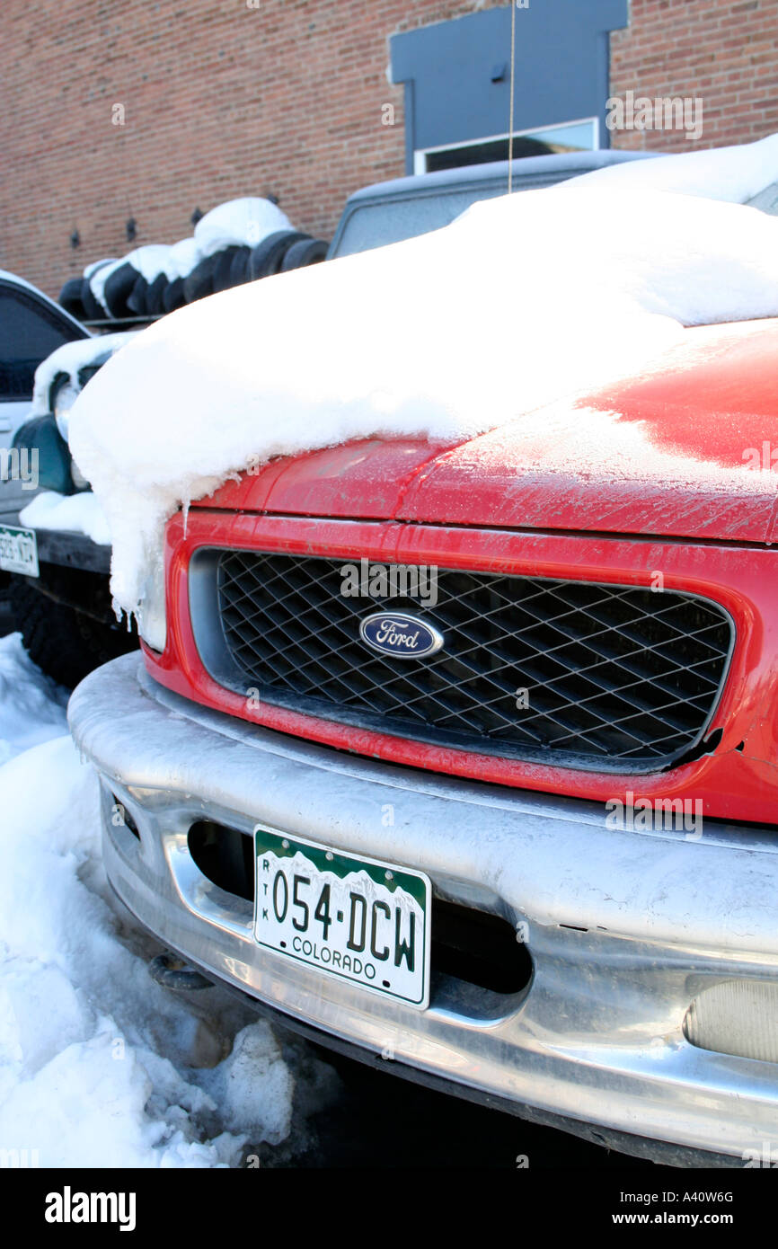 American truck covered in snow Stock Photo