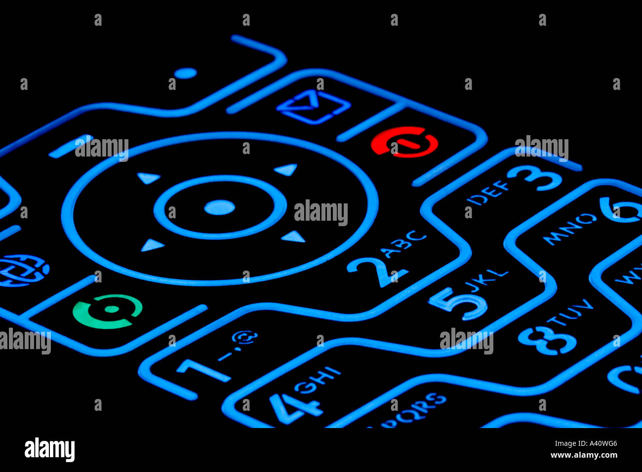 Illuminated modern mobile phone keypad against black background close