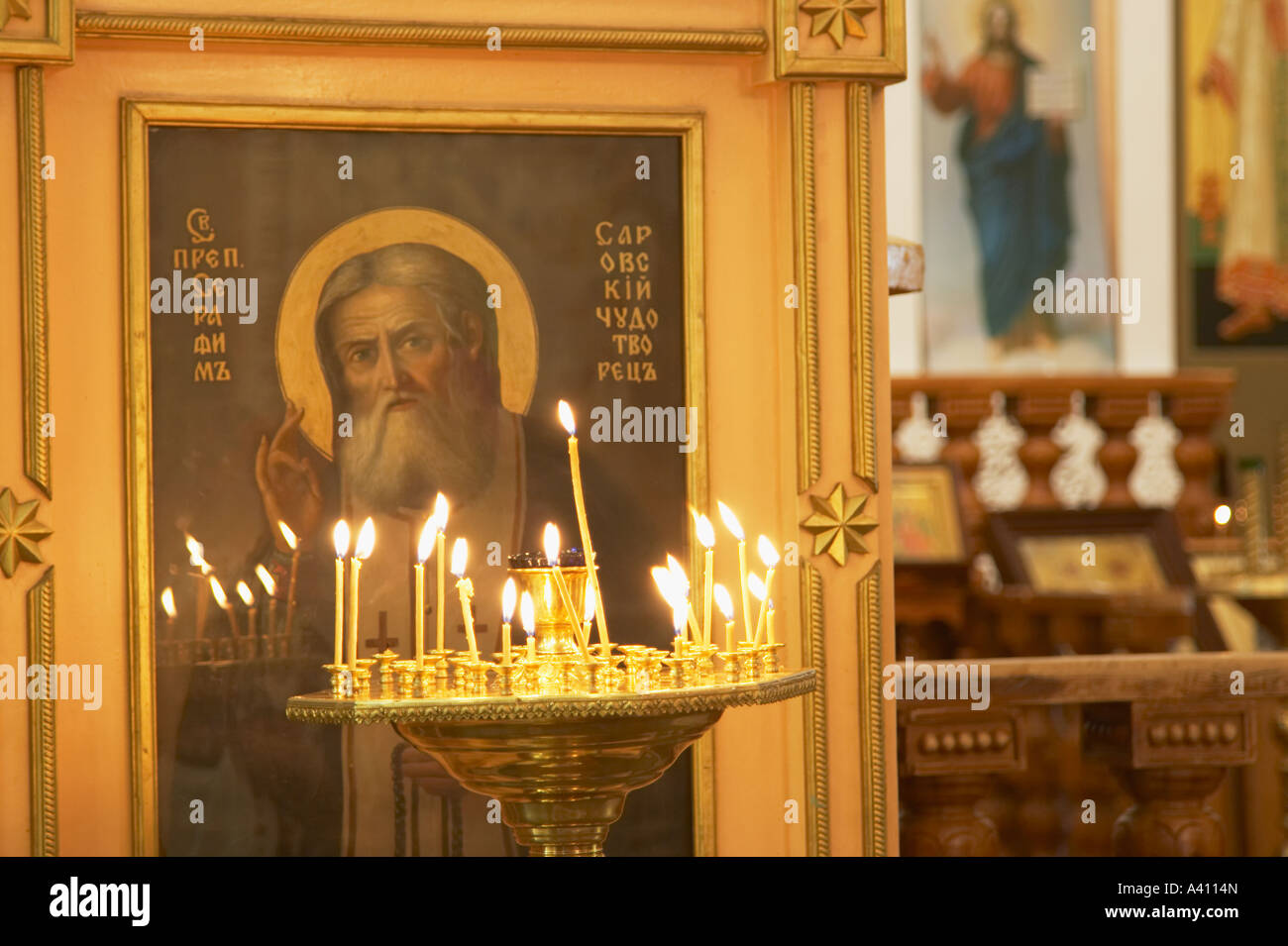 Candles Burning In Russian Orthodox Cathedral Stock Photo Alamy
