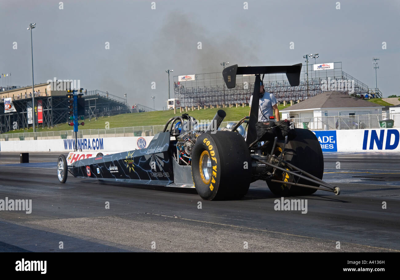 Drag race car at the starting line at Indianapolis race track Stock