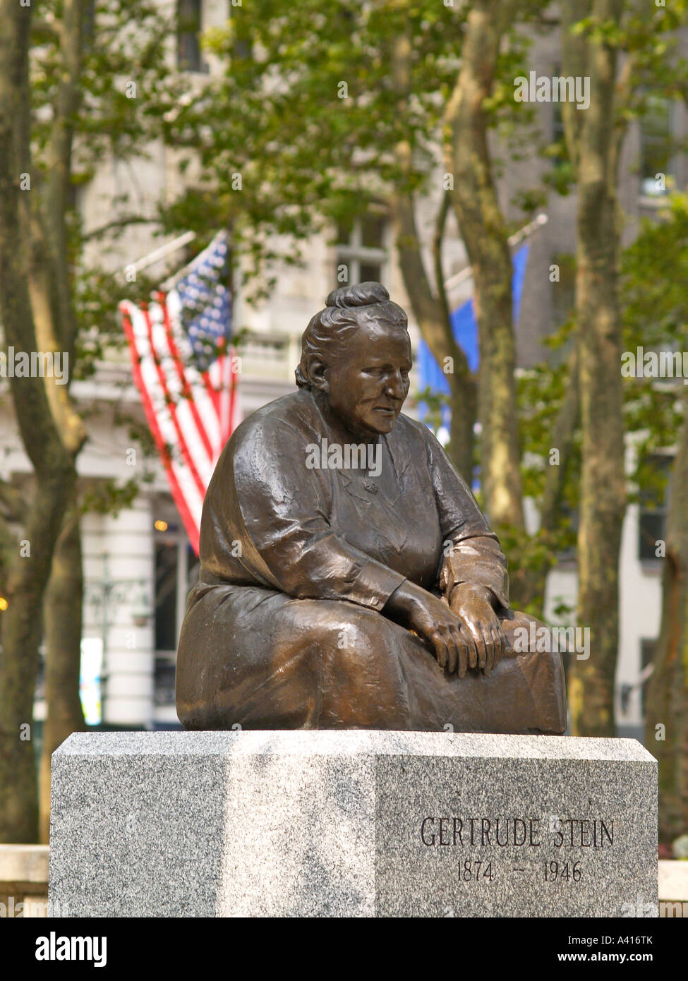 The statue of Gertrude Stein in Bryant Park Manhattan New York City USA Stock Photo