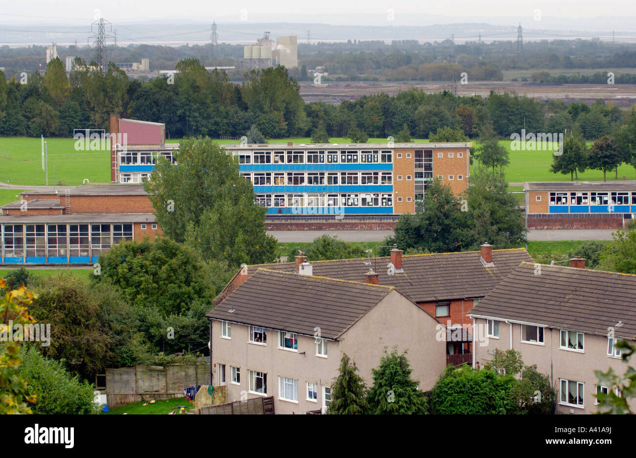 Hartridge High School Newport South Wales UK viewed over Ringland housing estate to industrial area beyond Stock Photo