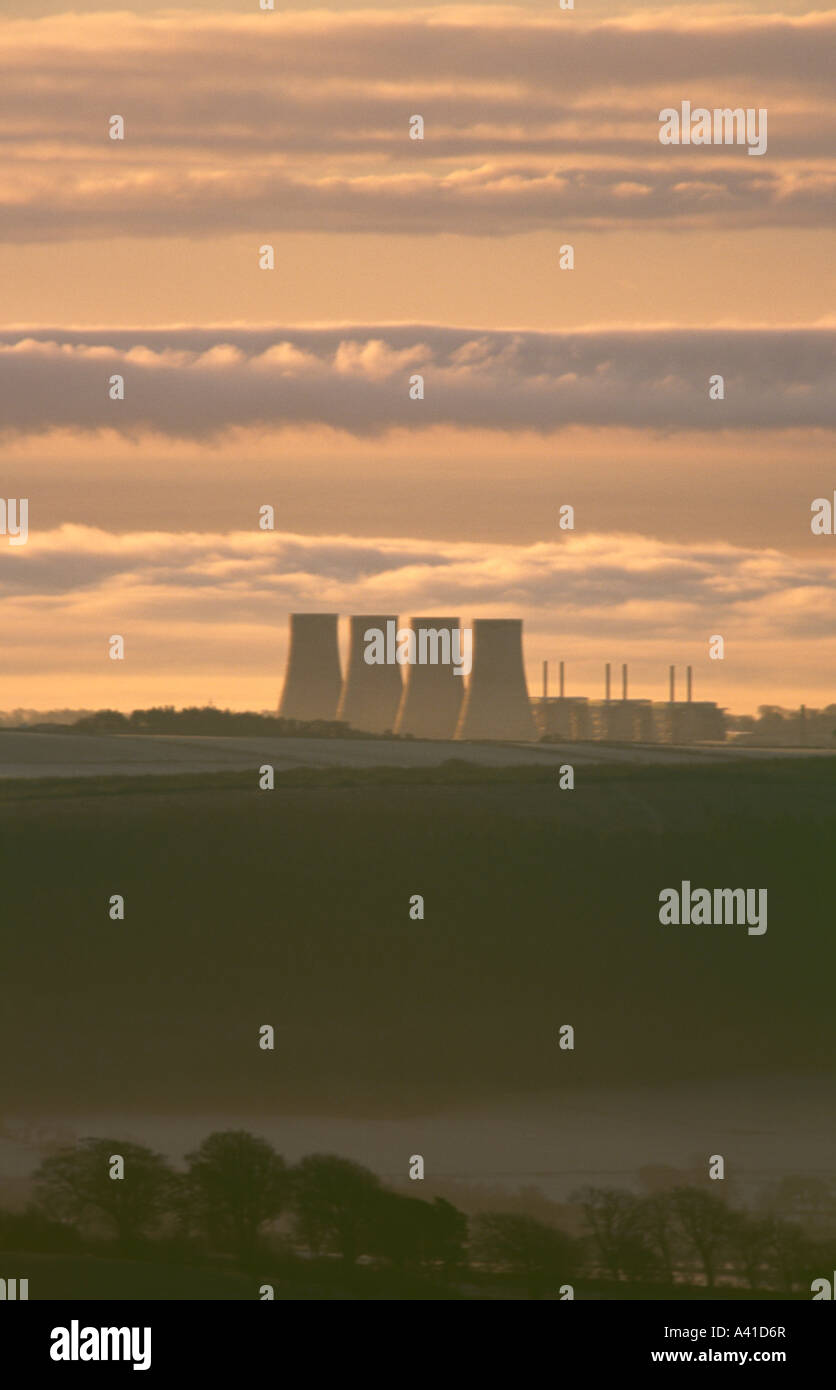 Sunrise looking down on the cooling towers of Chapelcross Nuclear Power Station, Annandale, Dumfries and Galloway, Scotland, UK Stock Photo