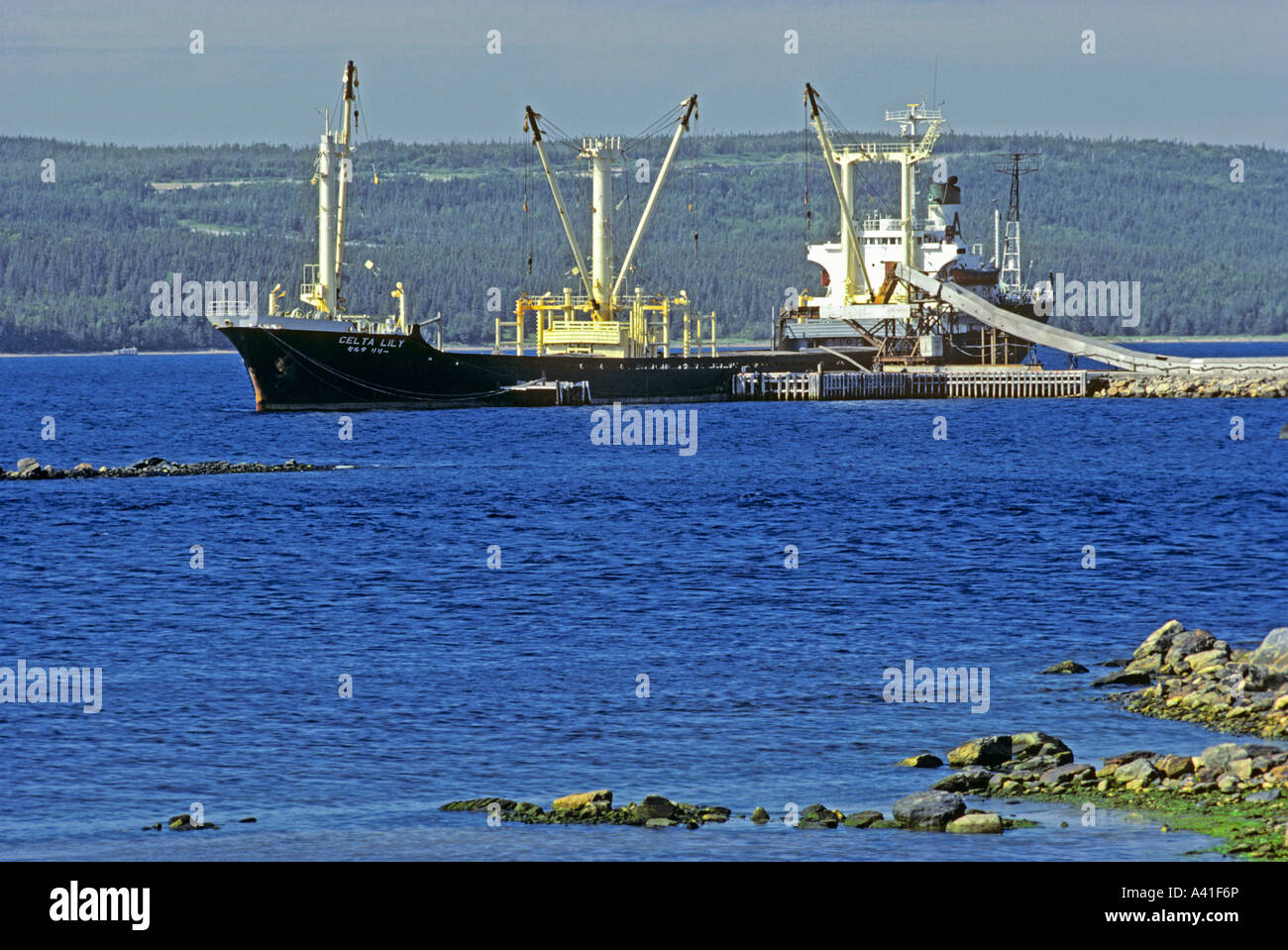 Hawks Bay, Newfoundland, Maritimes, Canada, North America, ship loading zinc Stock Photo
