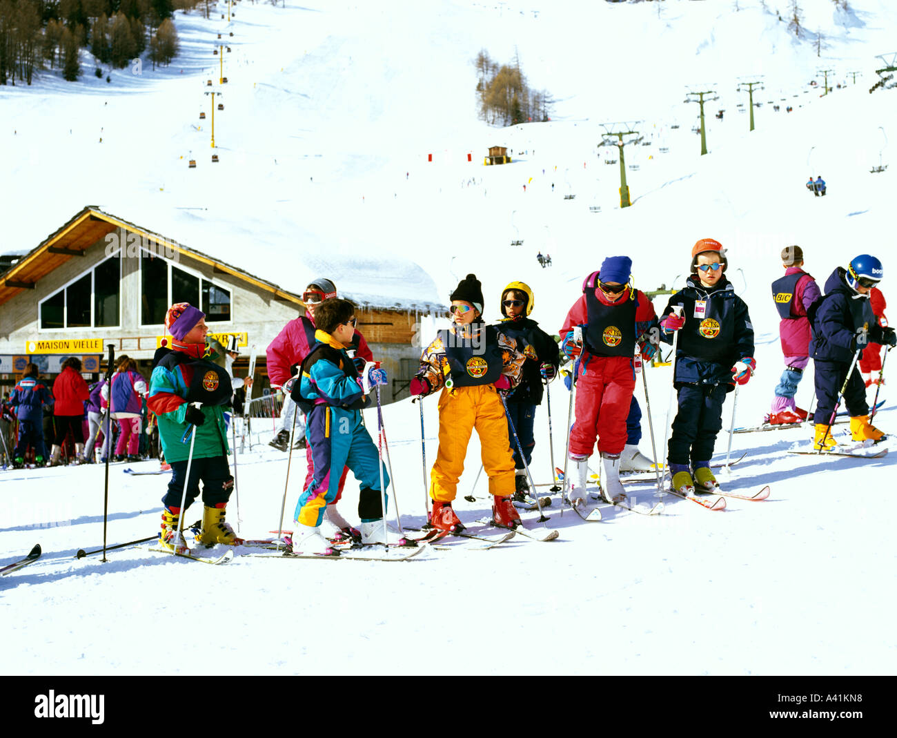 Children learning to Ski The Dolomites Italy Stock Photo