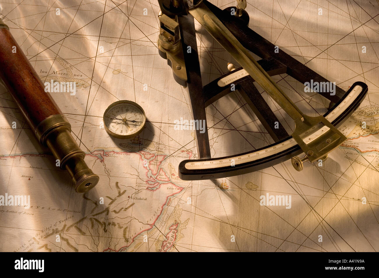 Still life of navigational instruments Stock Photo