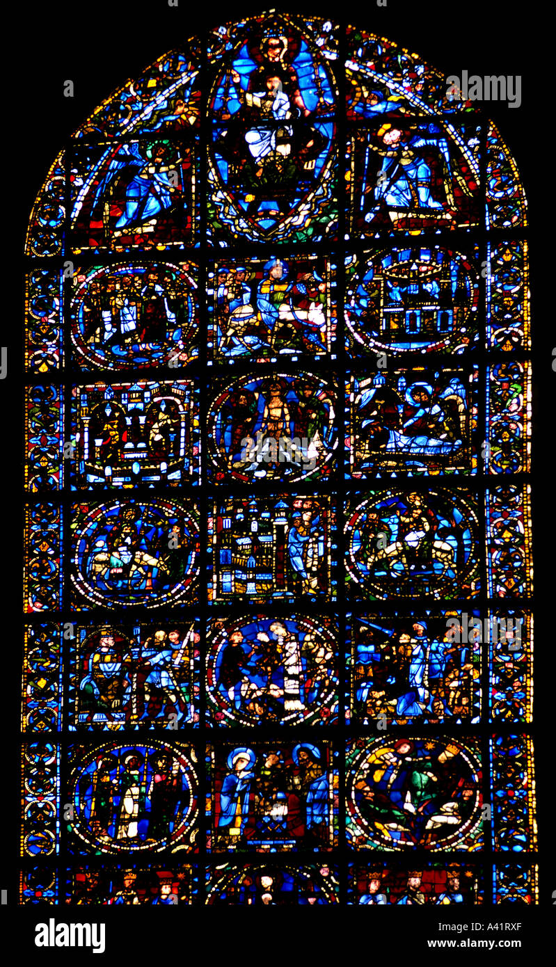 Chartres leaded window light lattice stained glass Stock Photo