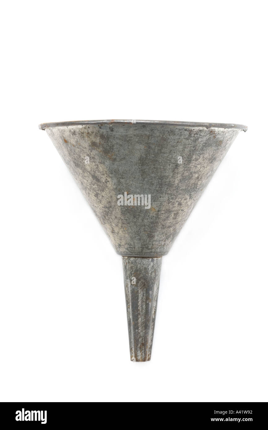 Old metal funnel on white Stock Photo