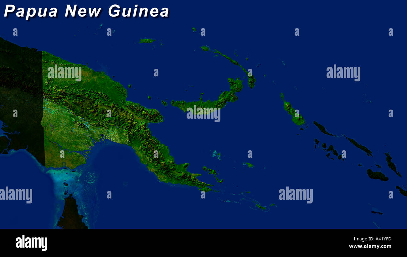 Satellite Image Of Papua New Guinea Highlighted Stock Photo