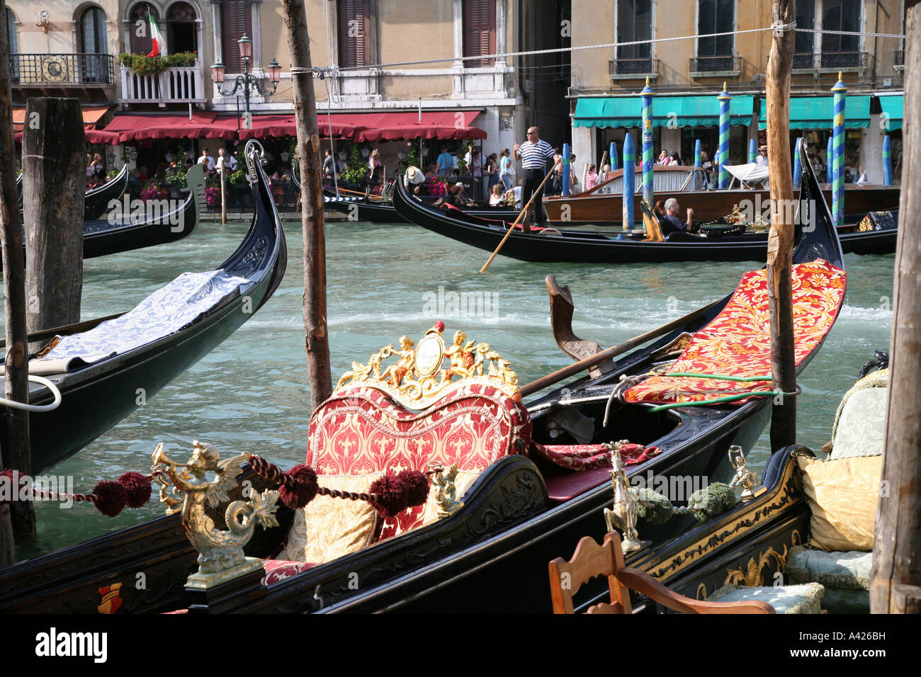 Empty Water Taxis or Gondola waiting in Venice Italy Gondola on the