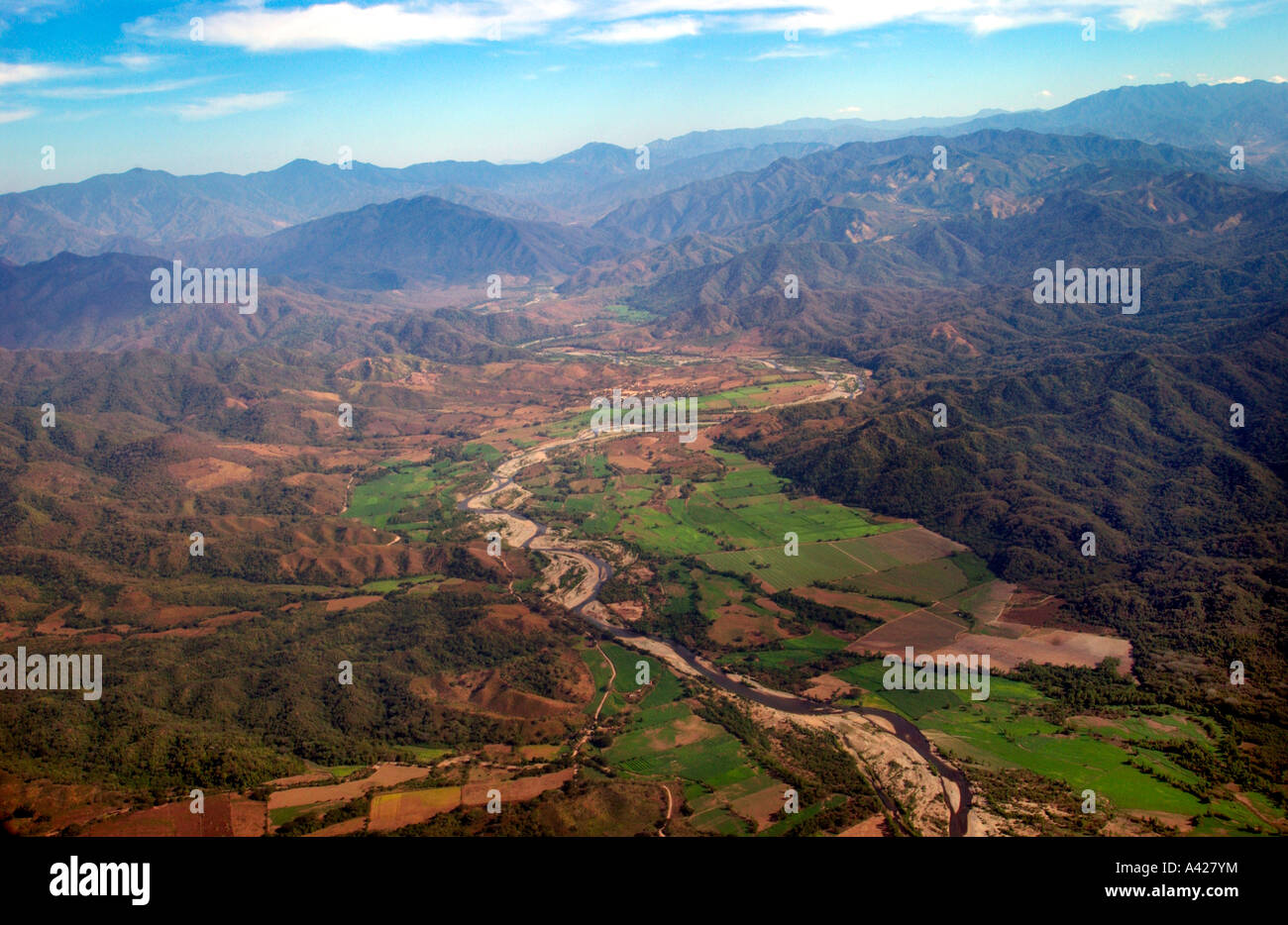 Aerial views of patchwork quilt designs in the landscape of a Mexican agricultural valley Stock Photo