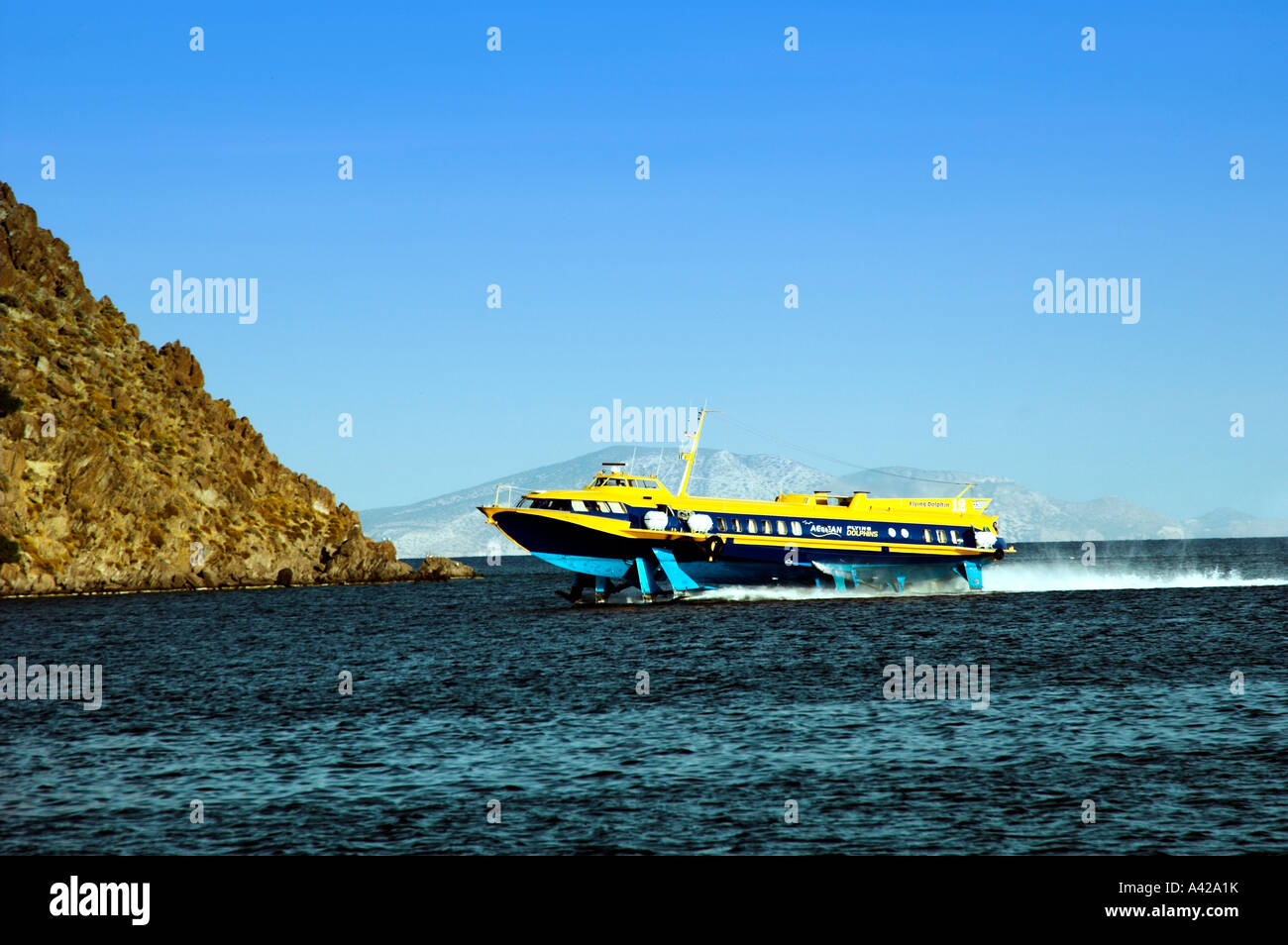 The Flying Dolphin high speed hydrophoil in the harbor of Scala on the island of Patmos Greece Stock Photo