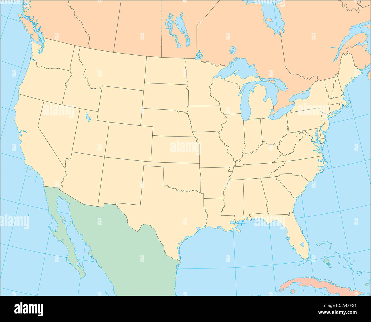 simple outline map showing usa and canada with states and provinces