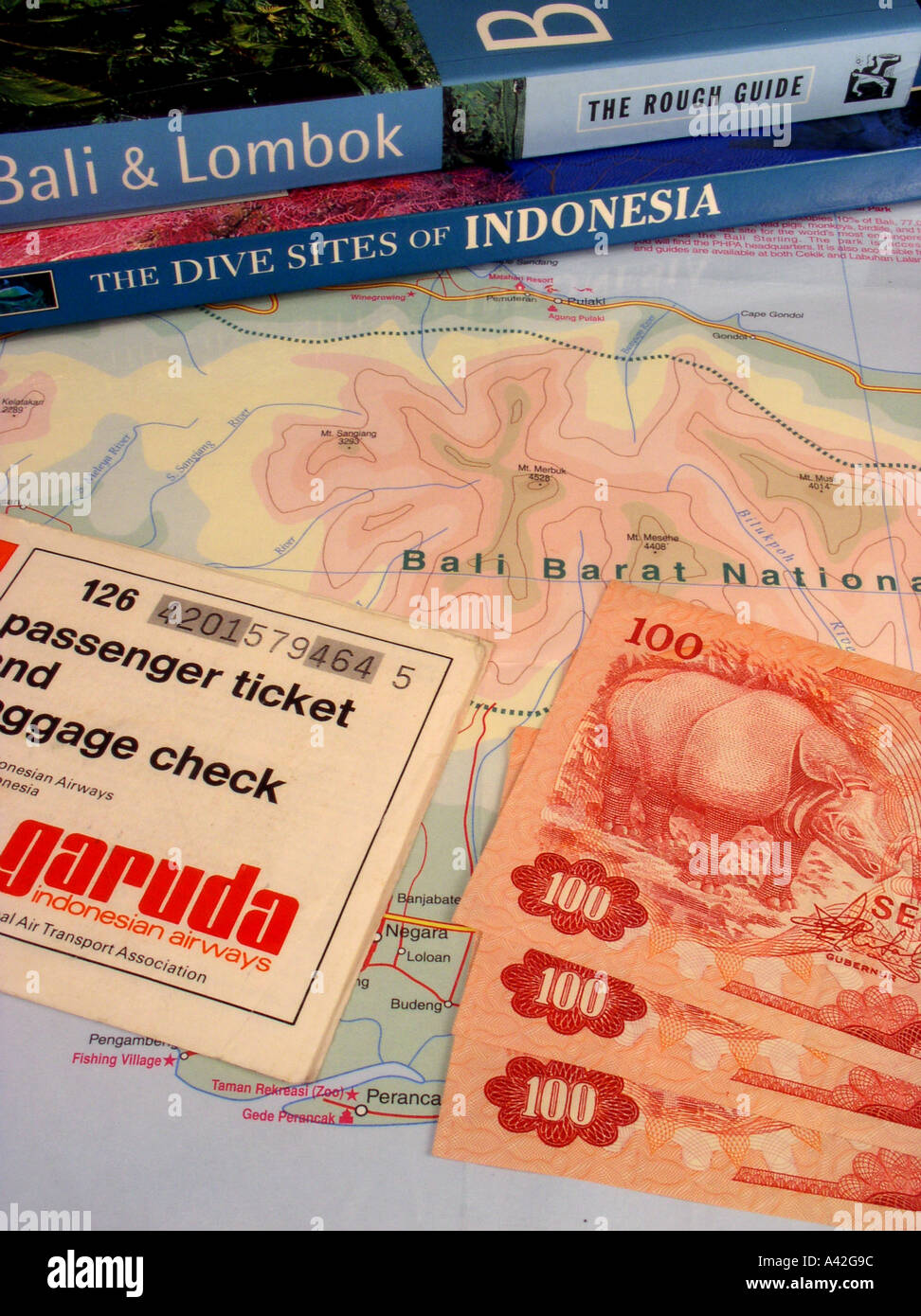Bali guidebook Indonesia dive guide Garuda air ticket Indonesian rupiah ...