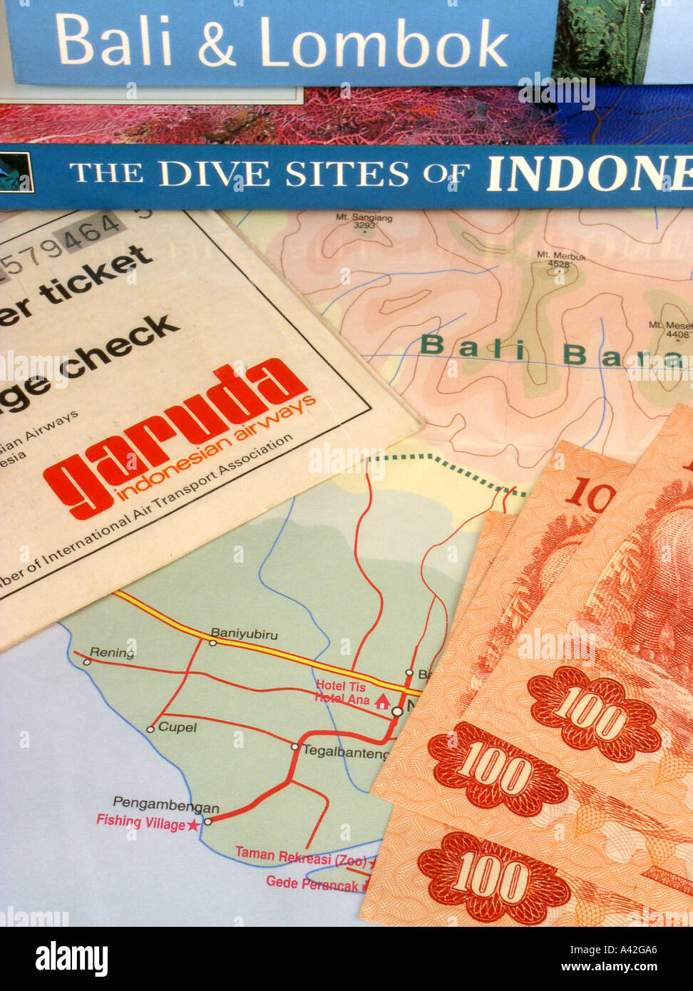 Bali guidebook Indonesia dive guide Garuda air ticket Indonesian rupiah ...