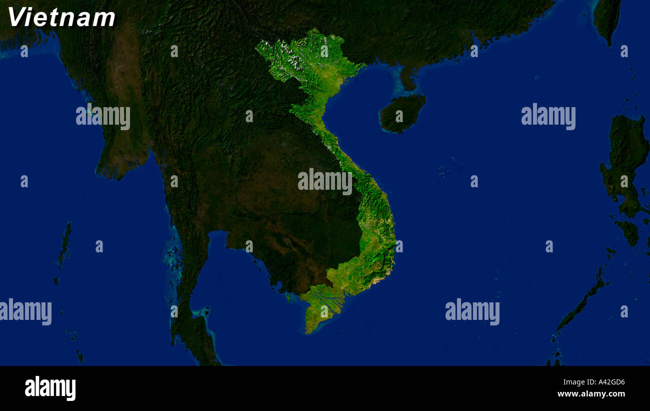 Satellite Image Of Vietnam Highlighted With Text Stock Photo