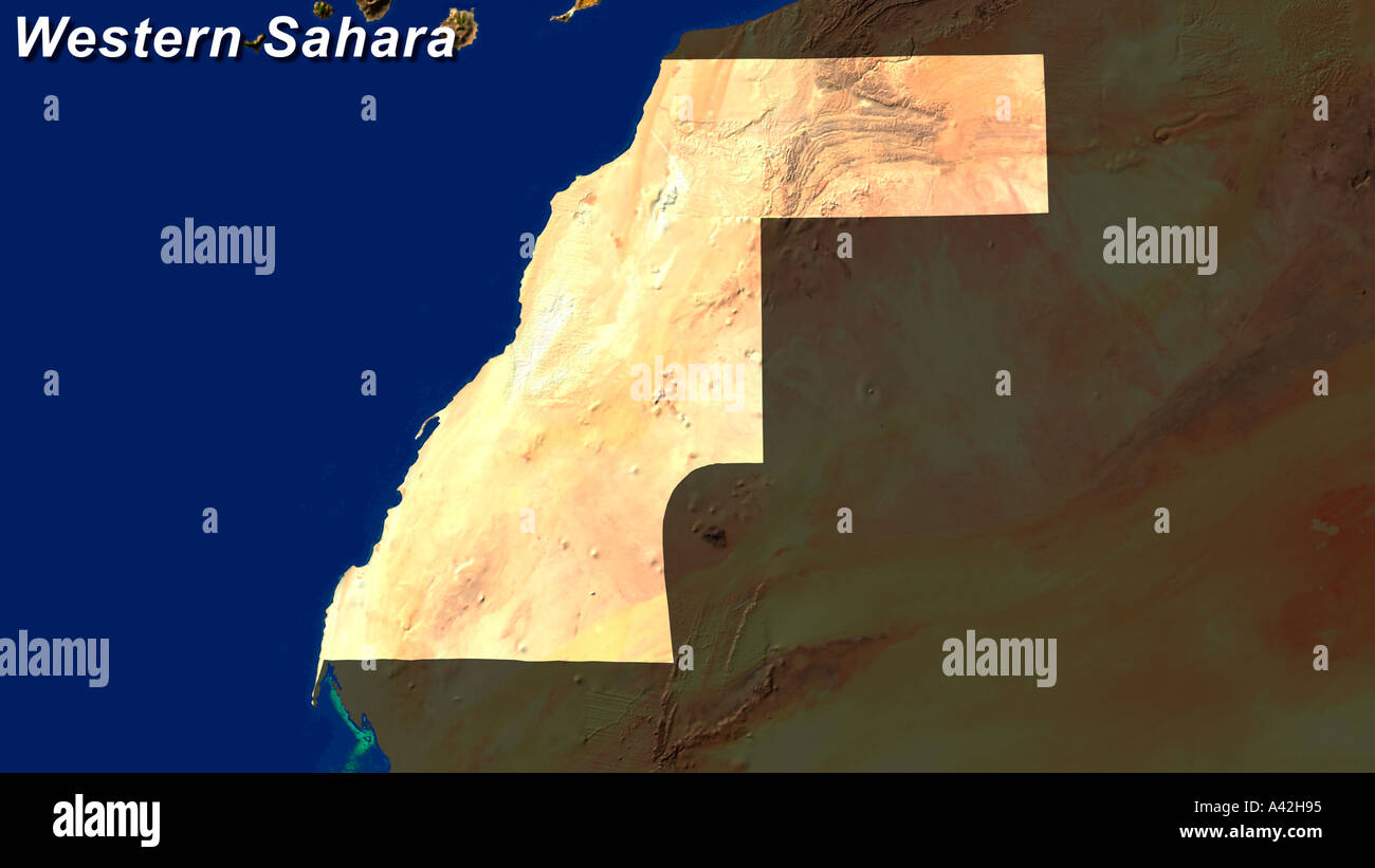 Satellite Image Of Western Sahara Highlighted Stock Photo