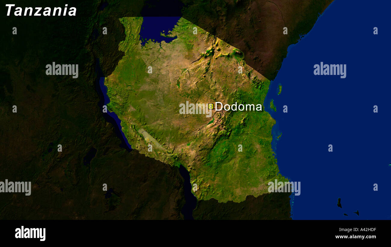 Satellite Image Of Tanzania With Dodoma Highlighted Stock Photo