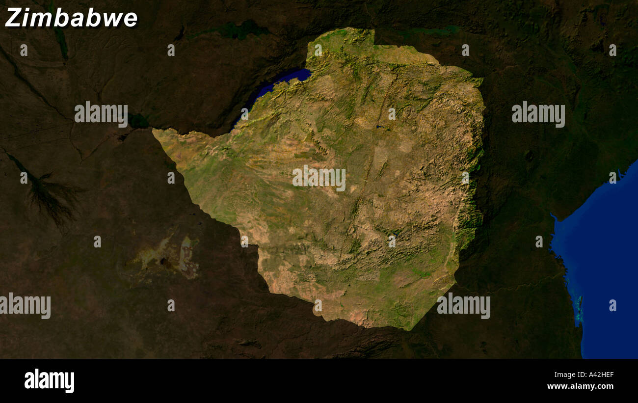Satellite Image Of Zimbabwe Highlighted With Text Showing Stock Photo ...