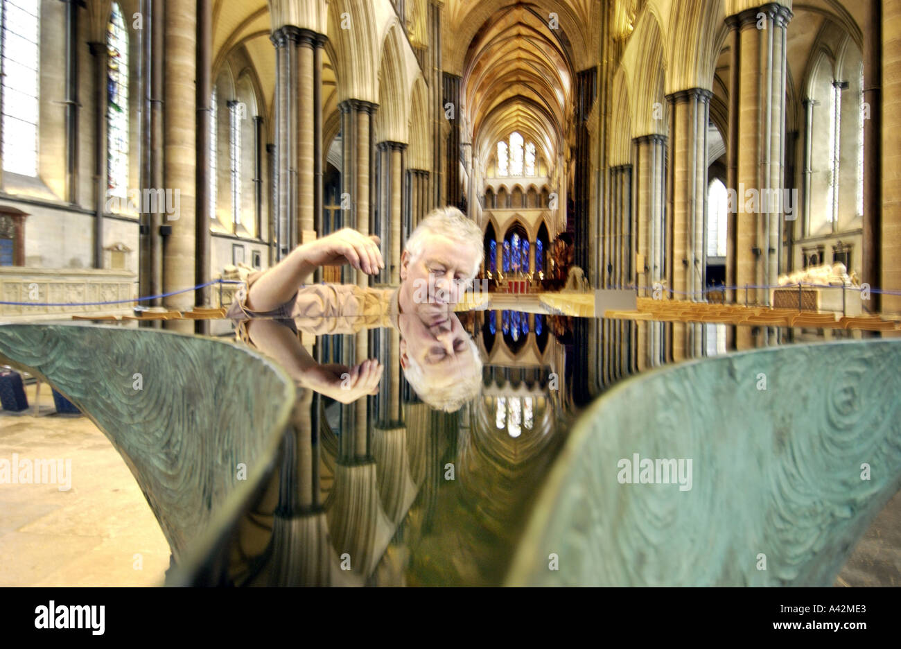 Creating a font for 21st century baptism in the nave of Salisbury Cathedral Stock Photo