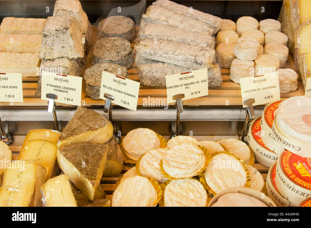 Paris France Place de la Madeleine Hediar cheese shop window Stock Photo