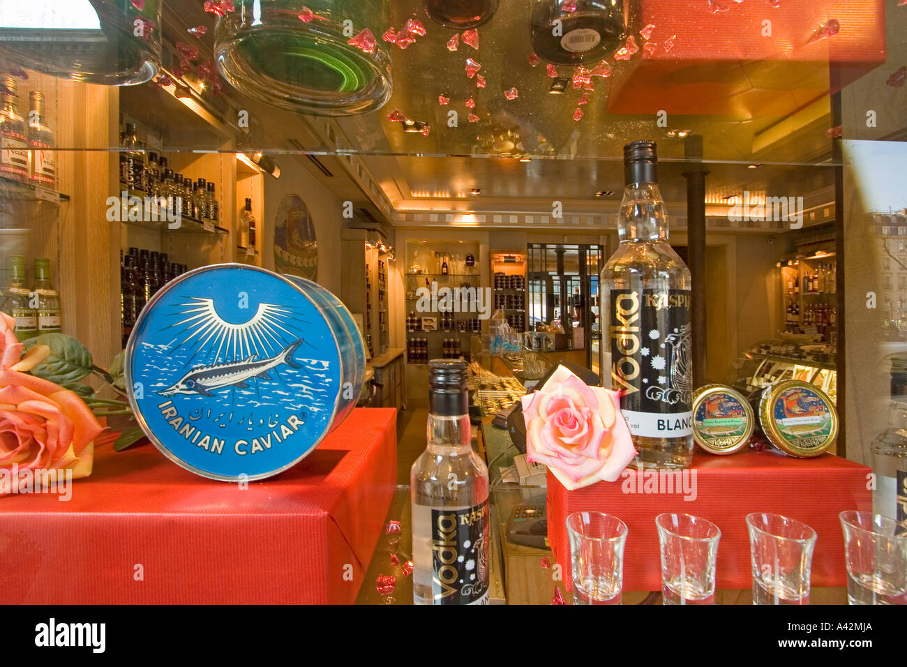 Paris France Place de la Madeleine Caviar house gourmet shop shop window with Caviar and wodka Stock Photo