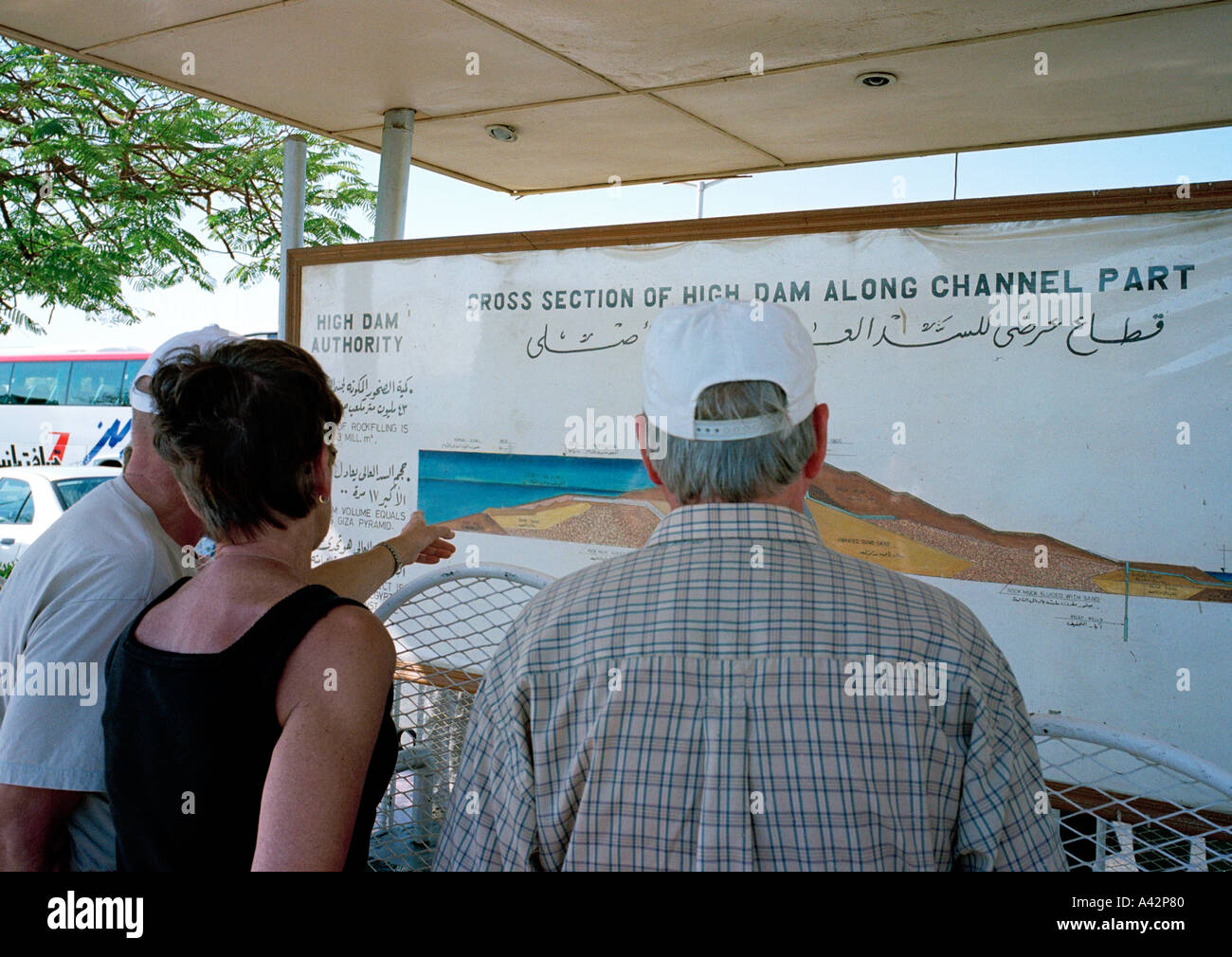 Viewing the schematic plans of the Aswan dam on the Nile river a favourite tourist spot Stock Photo