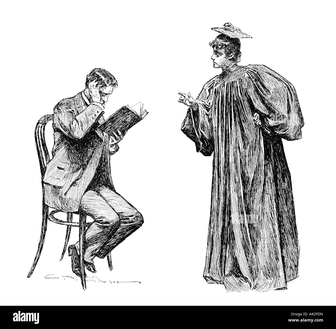 engraving of a young graduate with a man reading a book Stock Photo