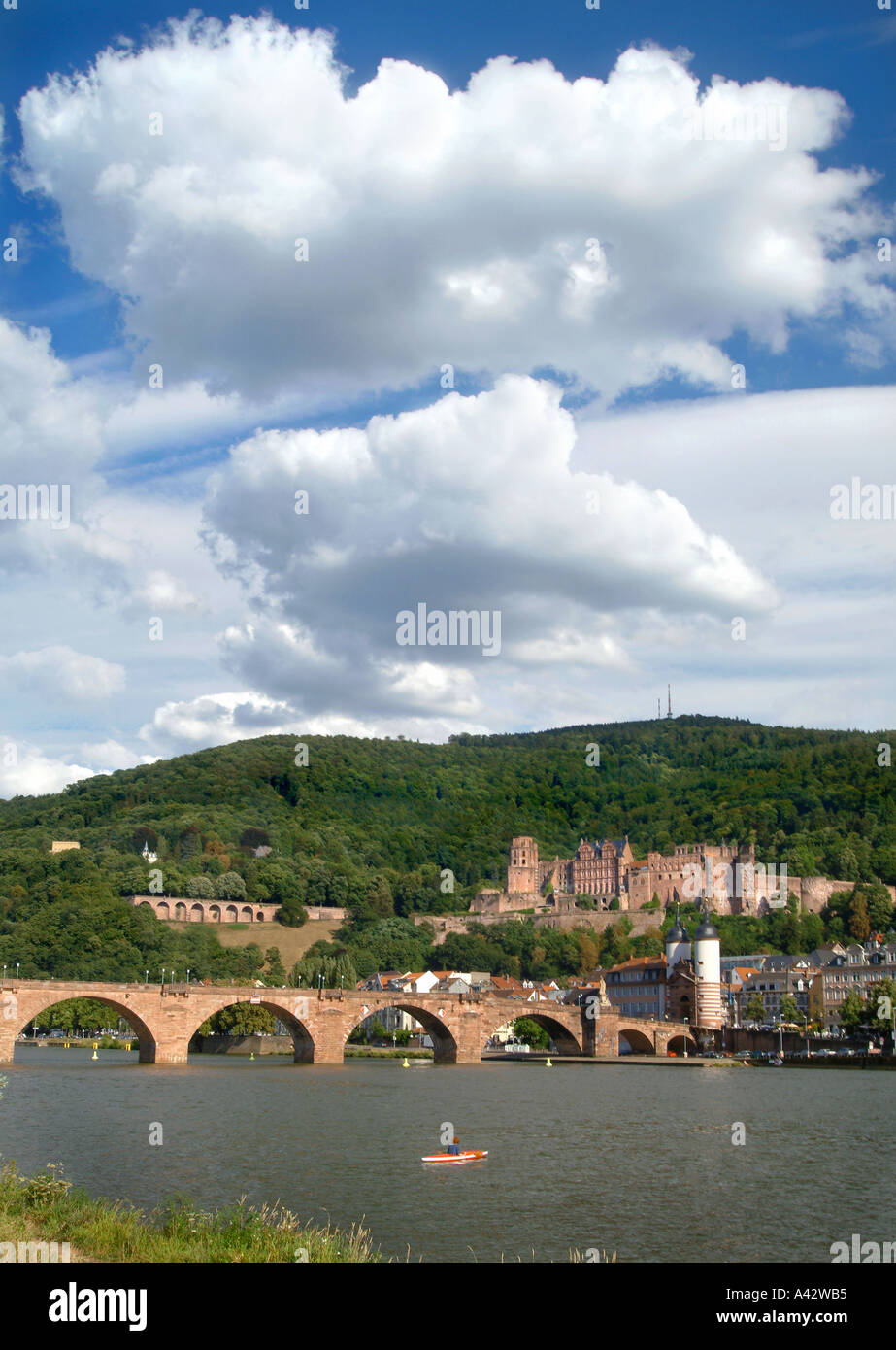 Heidelberg Altstadt Blick aufs Schloss die Alte Brücke und auf die Altstadt Stock Photo