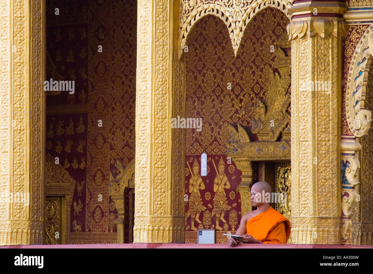 Young Monk Reading Wat Saen Vat Sene Luang Prabang Laos Stock Photo