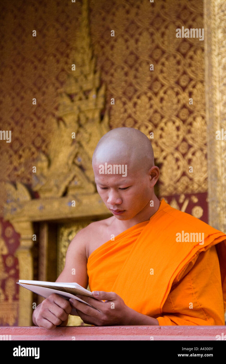 Young Monk Reading Wat Saen Vat Sene Luang Prabang Laos Stock Photo