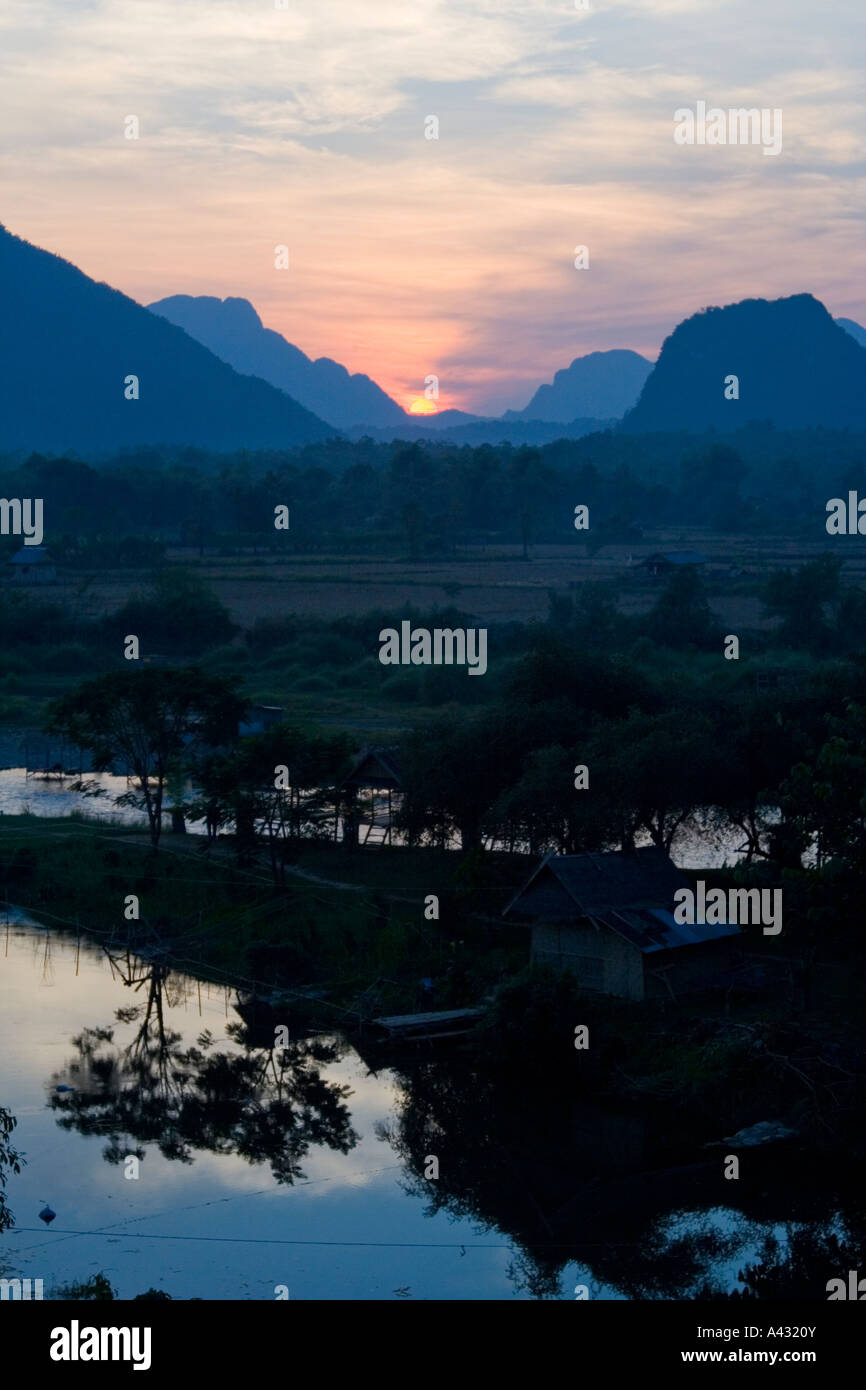 Sunset on the Nam Song River Vang Vieng Laos Stock Photo