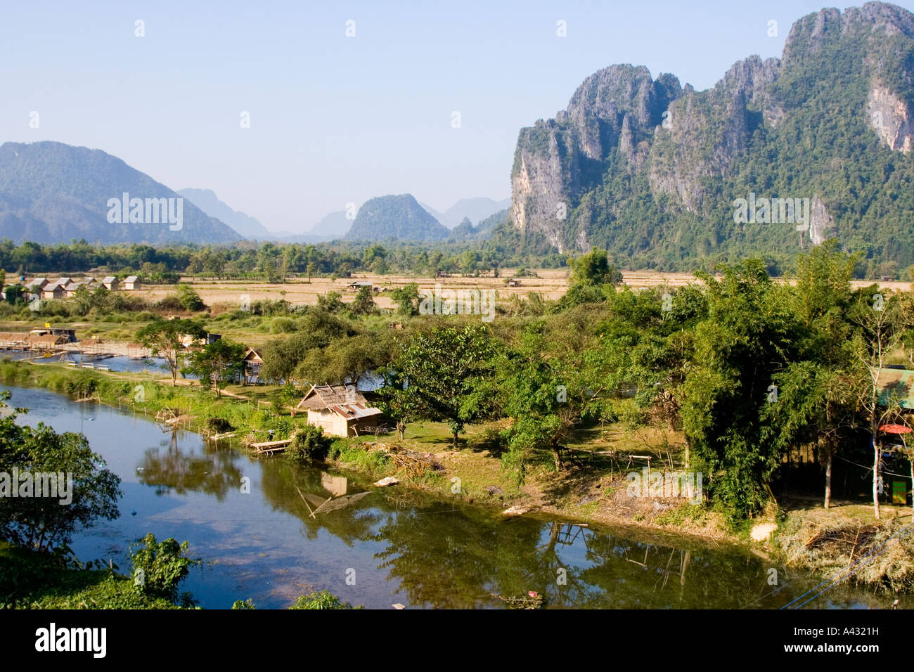 Limestone Karsts and Nam Song River Vang Vieng Laos Stock Photo