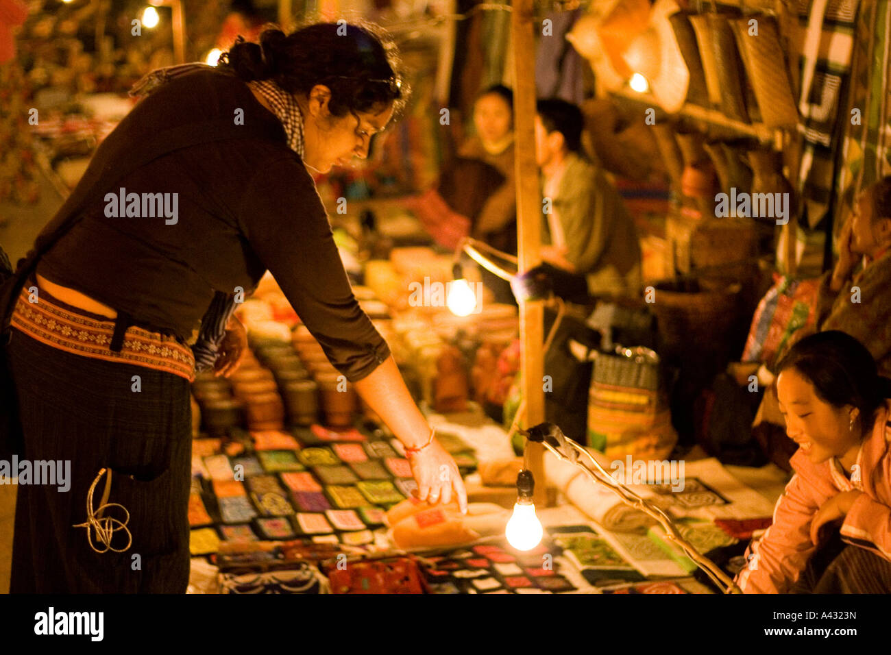 Shopping in the Handicraft Night Market Luang Prabang Laos Stock Photo