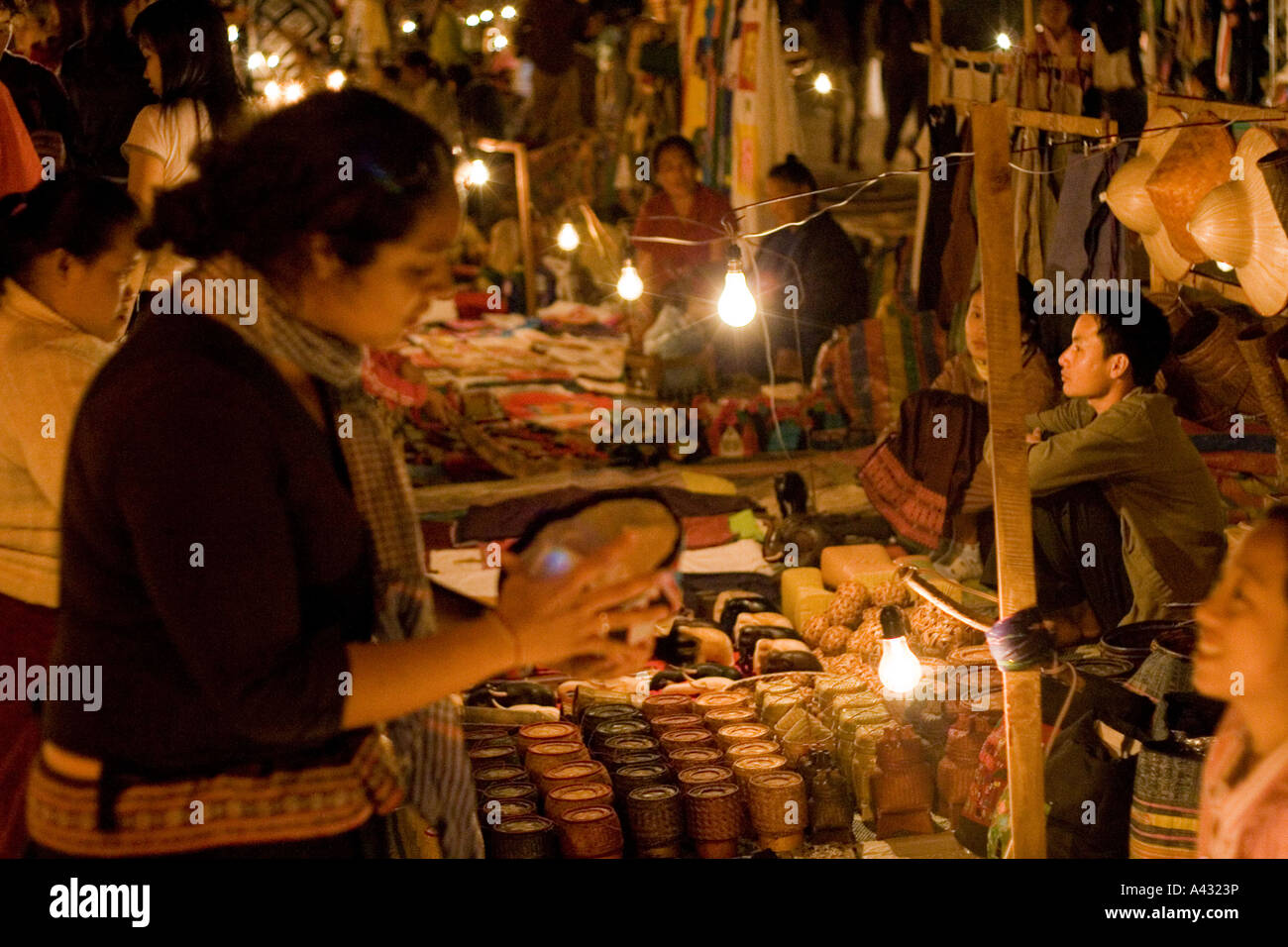 Shopping in the Handicraft Night Market Luang Prabang Laos Stock Photo
