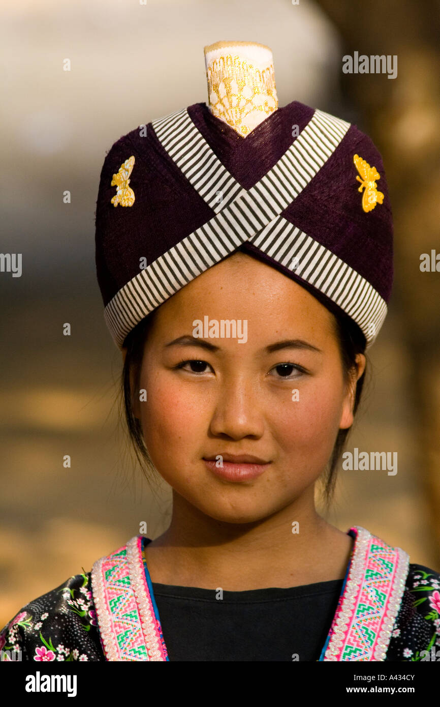 Hmong Girl in Traditional Dress Ban Khua 1 near Luang Prabang Laos Stock Photo