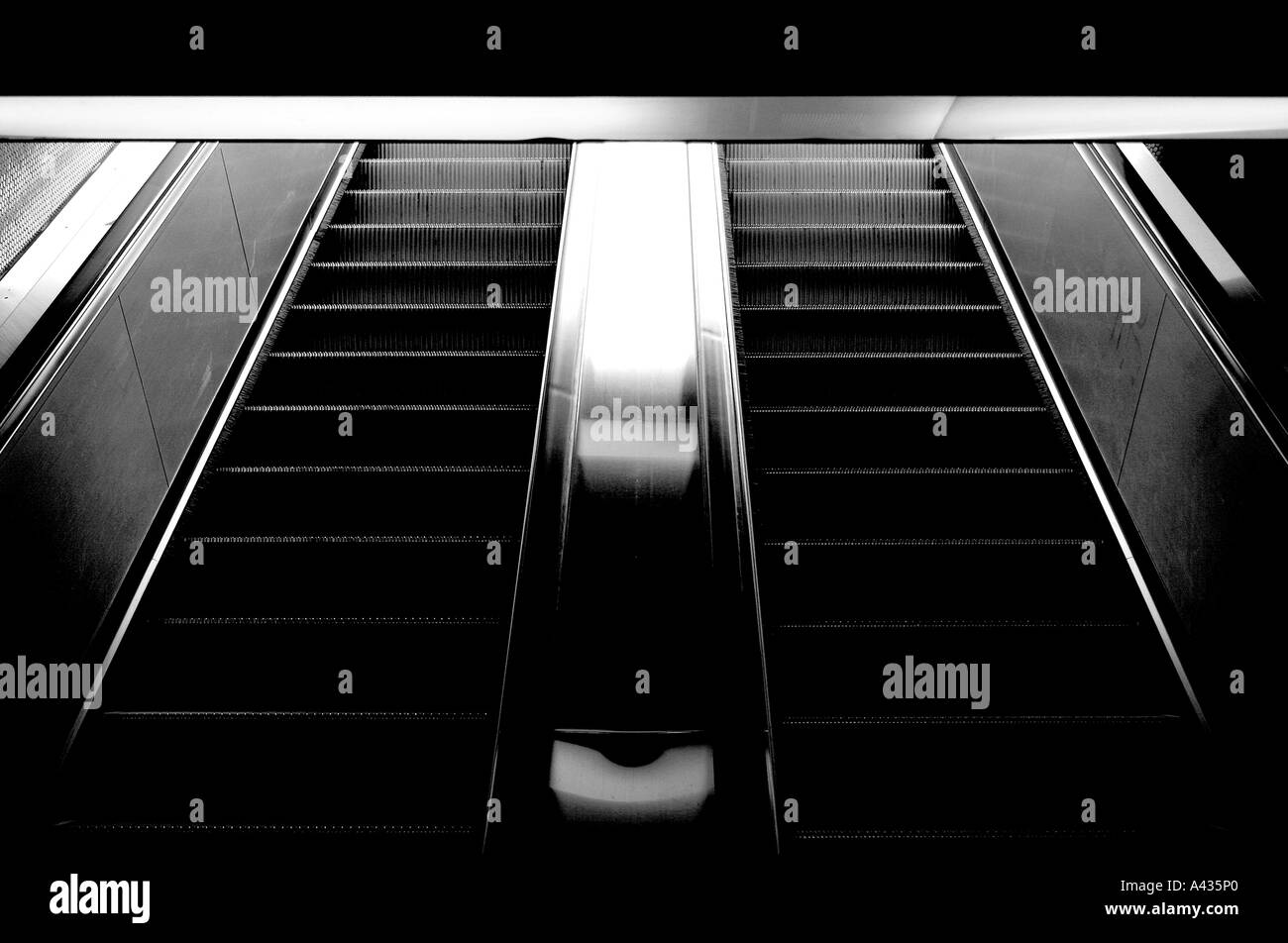 Europe, Geneva, Switzerland, abstract, black and white, escalator, escalators, stair, stairs, movement, moving, ascend,... Stock Photo