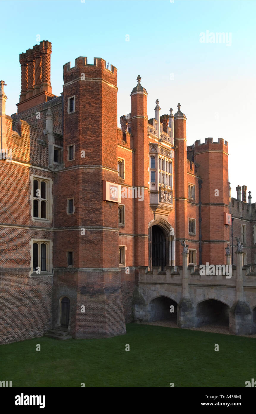 Central Entrance Central Gatehouse and moat West Front of Hampton Court Palace UK Stock Photo