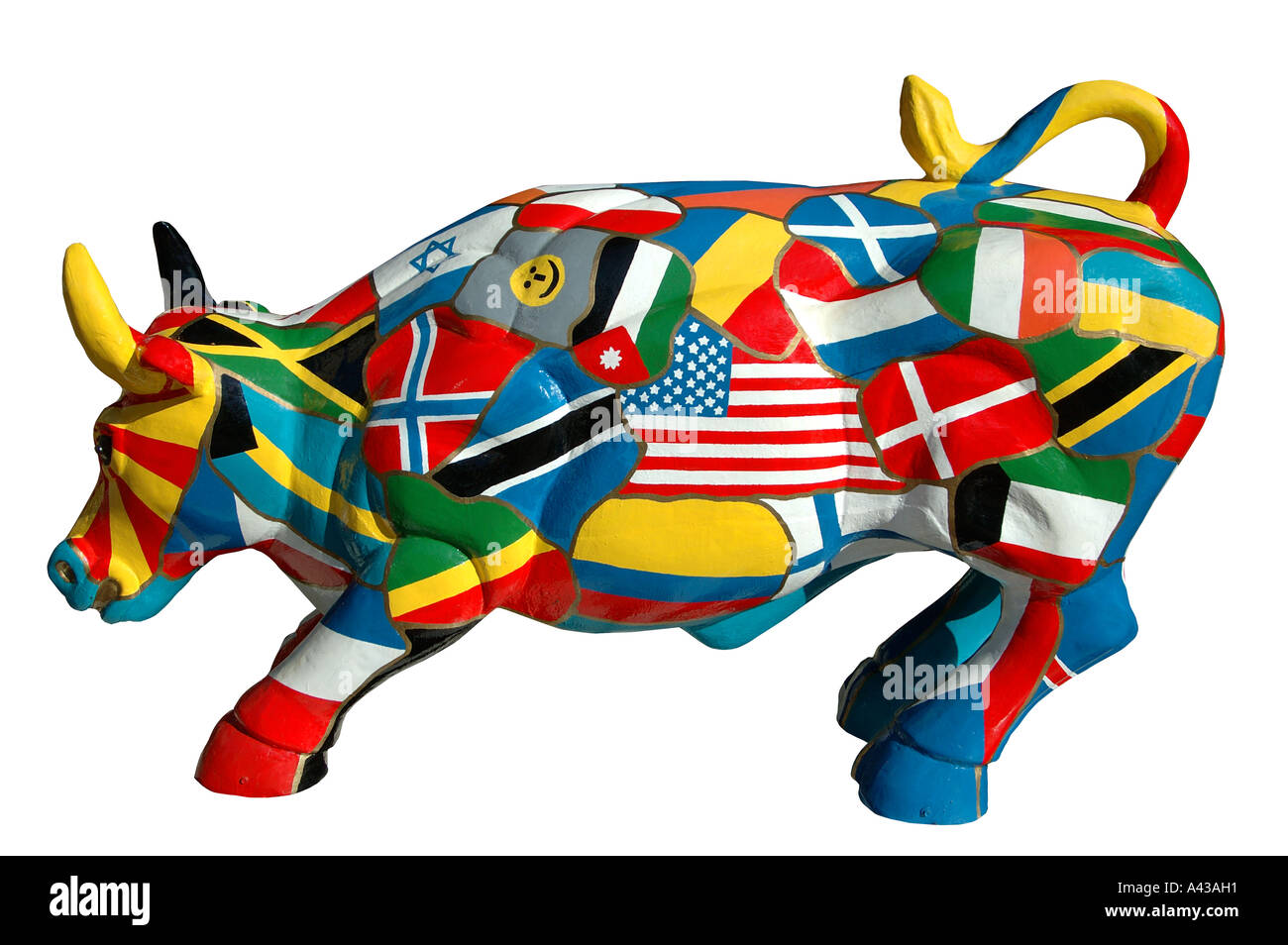 Sculpture of a cow covered with national flags Stock Photo