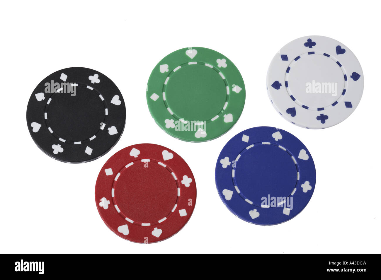 Five Poker Chips cut out on white background Stock Photo