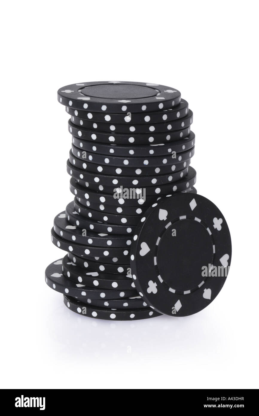 Black poker chips cut out on white background Stock Photo