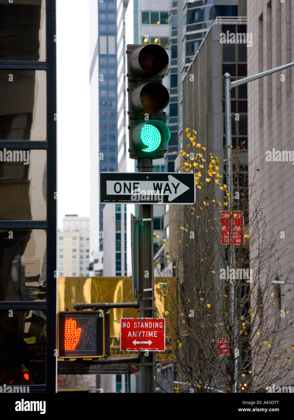 traffic signals and one  way  street  signs in manhattan new  