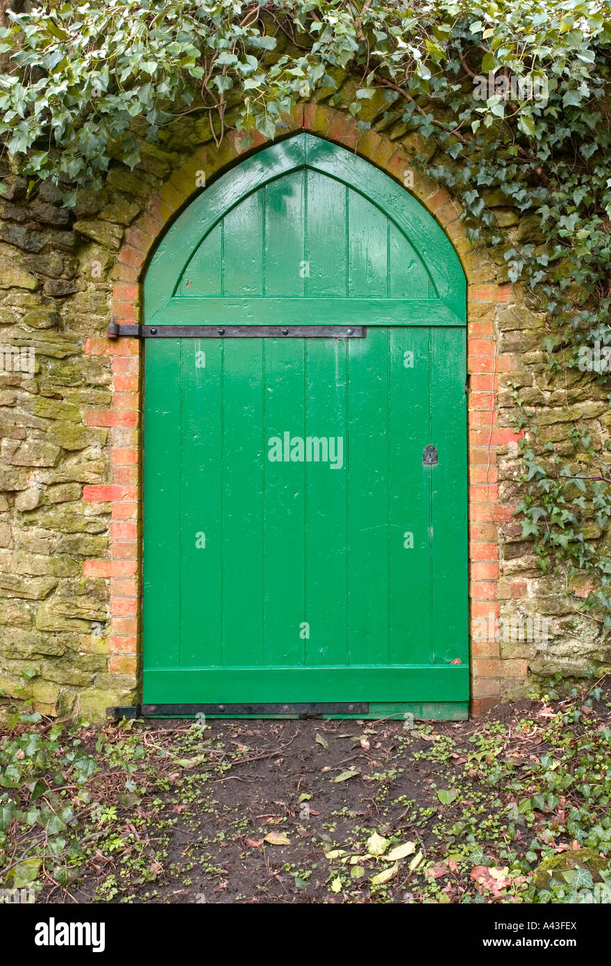 An old green arched garden door set in a york stone wall with ivy tumbling over the top Stock Photo